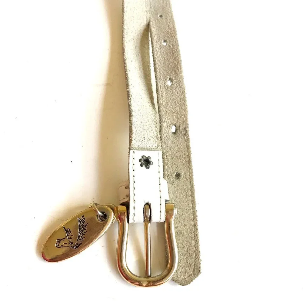Vtg Jordache White Leather Belt Brass Horse Logo Slim Thin Womens Size XS Small